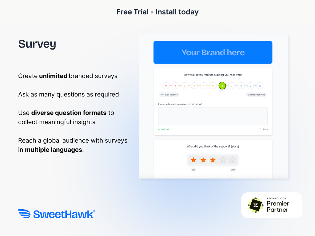 Survey dashboard view — Reporting and Analytics app on the Zendesk Marketplace